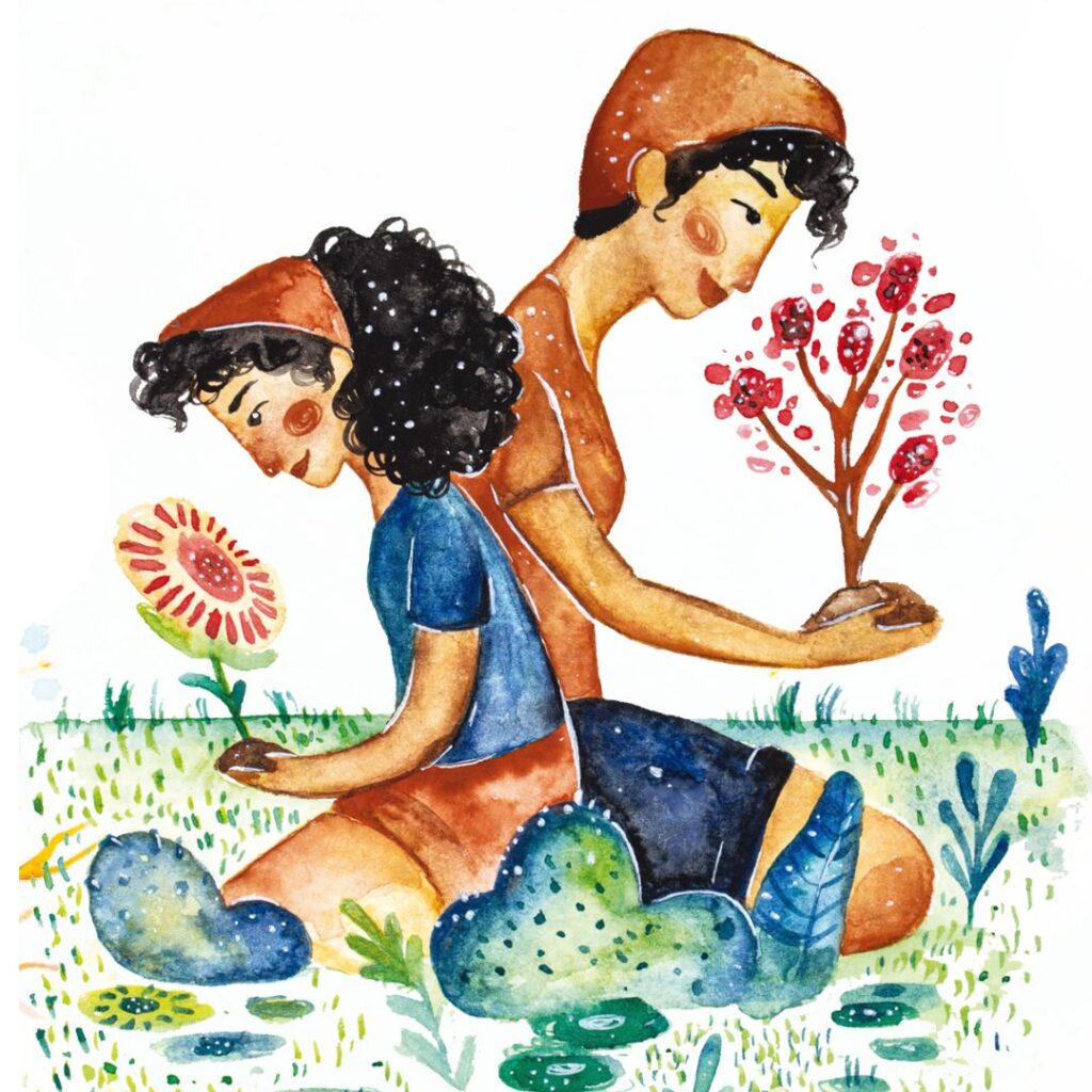 ilustração mãe e filha plantando flores