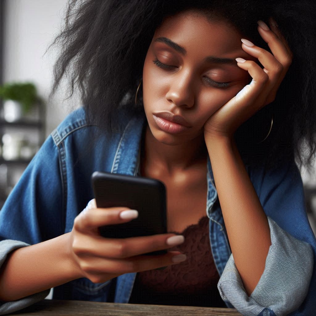 mulher negra olhando o celular cansada