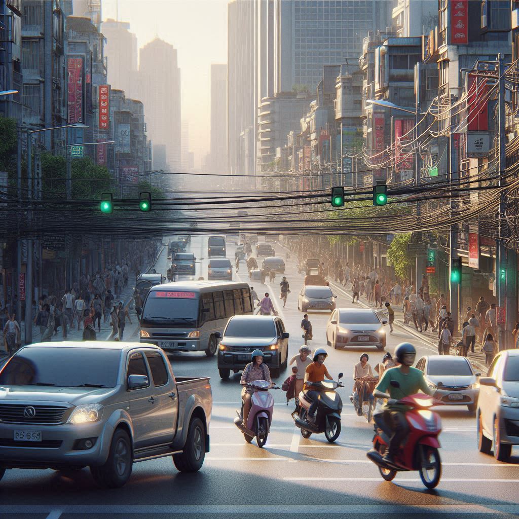 rua movimentada com carros, motos e pessoas